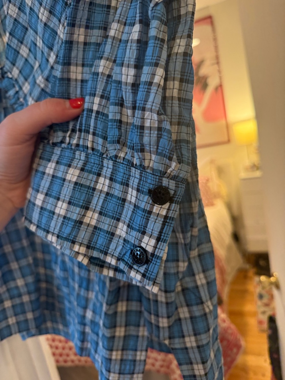 Ganni Blue White Plaid Ruffle Collar Blouse - Picture 3 of 3
